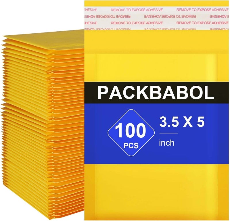 packbabol Kraft bubble mailers 3.5x5 Inch 100 Pack,Self-Sealing Paper Envelopes for Packaging,Strong Adhesion Envelope Mailers, Small Waterproof Cushioned Padded Shipping Bags Yellow #0000 - Image 1